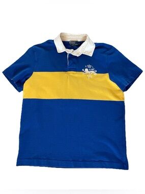 VTG Polo Ralph Lauren Mens Polo Shirt SZ Large Rugby "3" Blue Yellow Lion Crest
